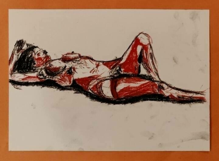 A pastel drawing of a person lying on their back with one knee bent